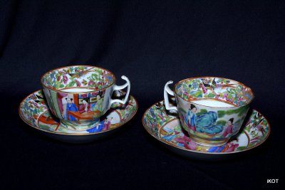 antique Chine Canton Tea pair "Pink China" 